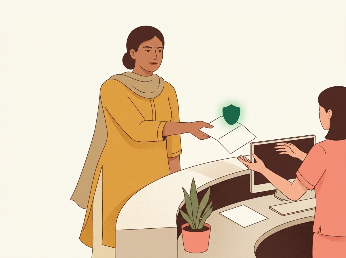 A patient calmly handing a dispute letter to a hospital billing counter