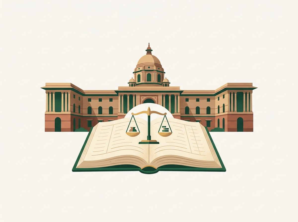 सरकारी दर मापदंड — उघडे रजिस्टर आणि तराजू असलेली सरकारी इमारत